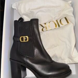 Dior Black Leather Heeled Boots with Gold Buckle